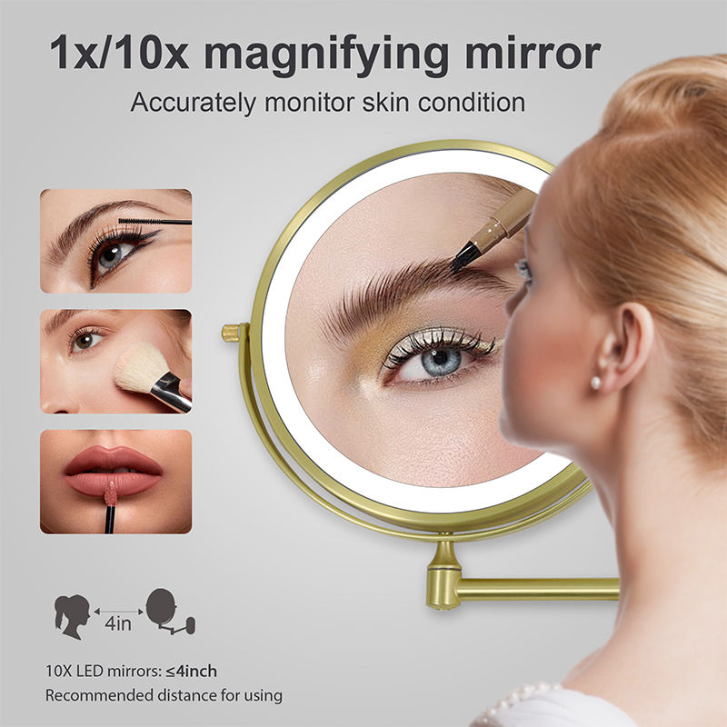 Rechargeable LED Makeup Mirror 10X Magnifying Wall Mount Gold