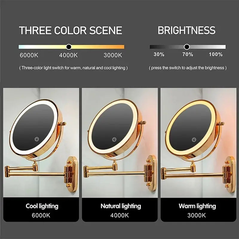Rechargeable LED Makeup Mirror 10X Magnifying Wall Mount Gold